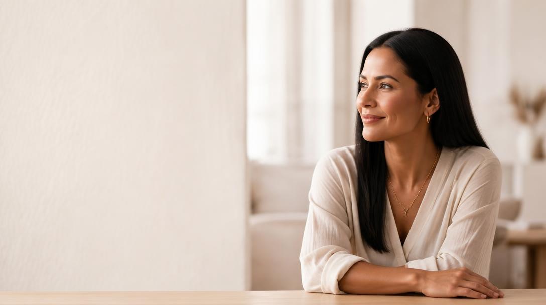 A relaxed woman in her late 40s seated at a wooden table in a bright, calm living room