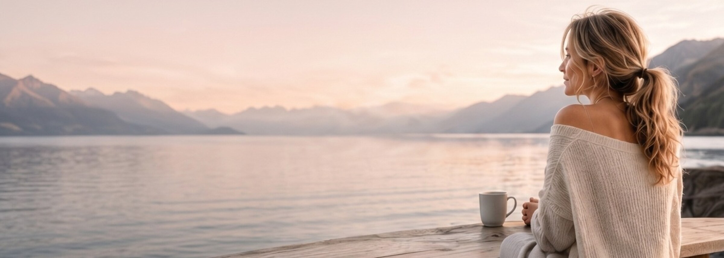 A woman holding a warm mug gazing peacefully at a mountain lake at sunrise, wrapped in a cream sweater