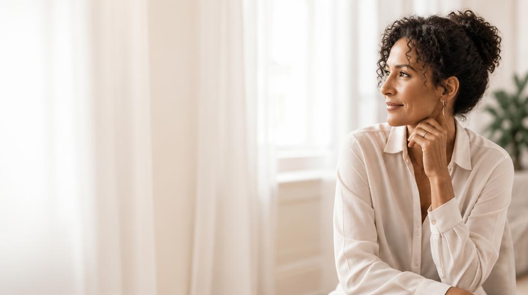 A woman in her late 40s resting her chin on her hand, gazing calmly in warm natural light